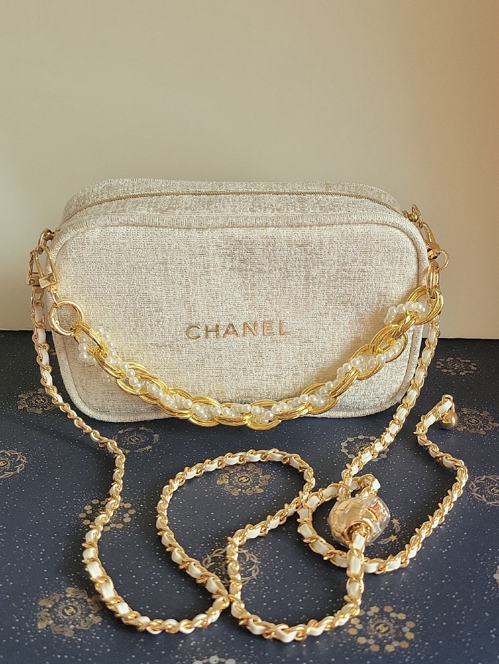 CHANEL Cream Tweed Cosmetic Case with Gold Logo